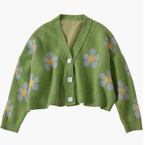 Y2K Knitwear Sweet Floral Cardigans V Neck Long Sleeve Casual Sweater Open Front
